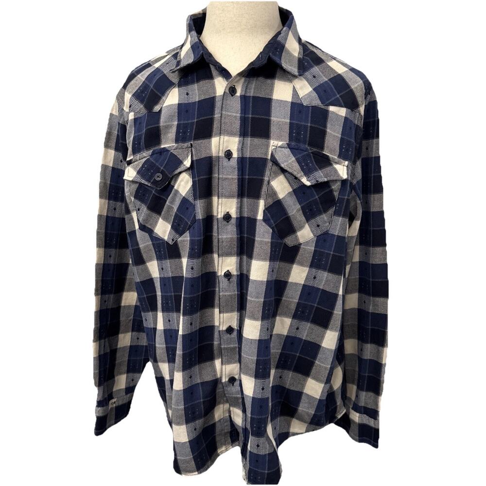 Frye Flannel Men’s Long Sleeve Size 2XL Navy/Off White Plaid 100% Cotton